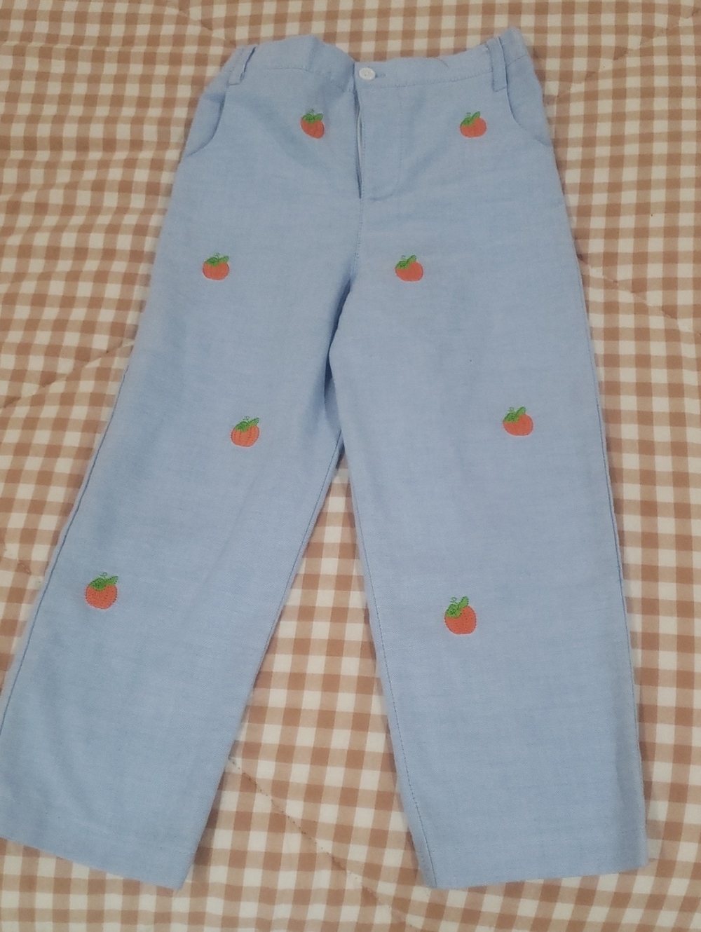 4T Boys Light Blue Pants with Orange Embroidered Fruit